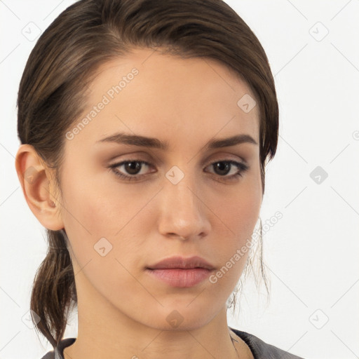 Neutral white young-adult female with medium  brown hair and brown eyes