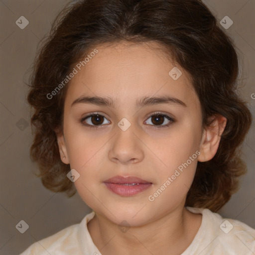 Joyful white child female with medium  brown hair and brown eyes