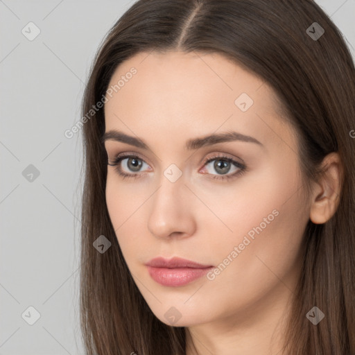 Neutral white young-adult female with long  brown hair and brown eyes