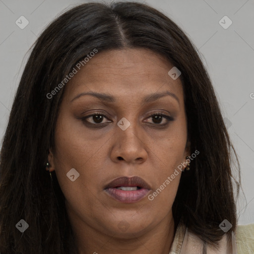 Joyful asian young-adult female with long  brown hair and brown eyes