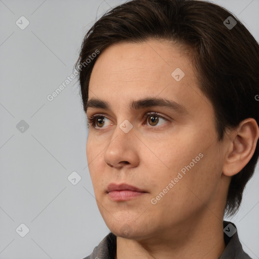 Neutral white young-adult male with short  brown hair and brown eyes