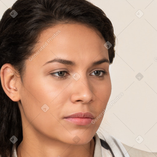 Neutral white young-adult female with short  brown hair and brown eyes