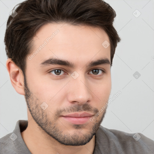 Neutral white young-adult male with short  brown hair and brown eyes