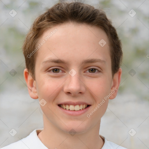 Joyful white child male with short  brown hair and brown eyes