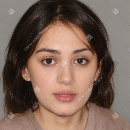 Neutral white young-adult female with medium  brown hair and brown eyes