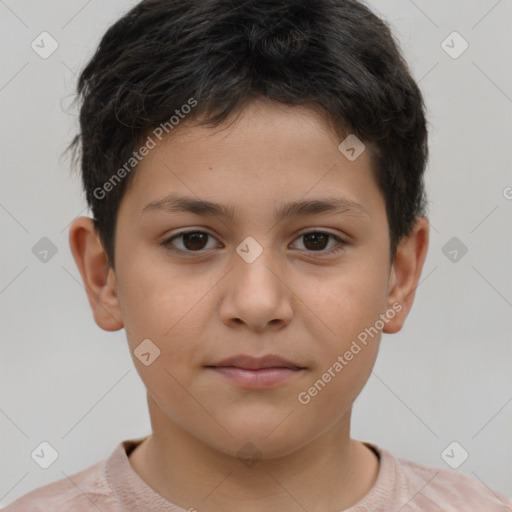 Joyful white child male with short  brown hair and brown eyes