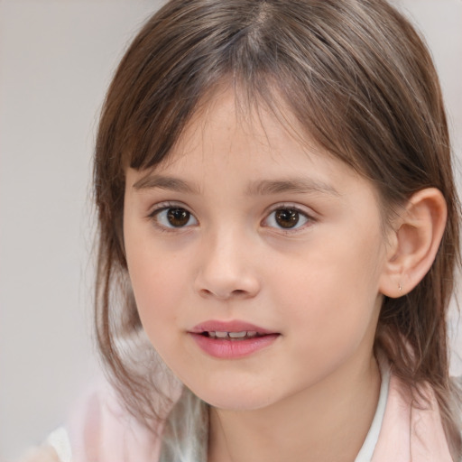 Joyful white child female with medium  brown hair and brown eyes