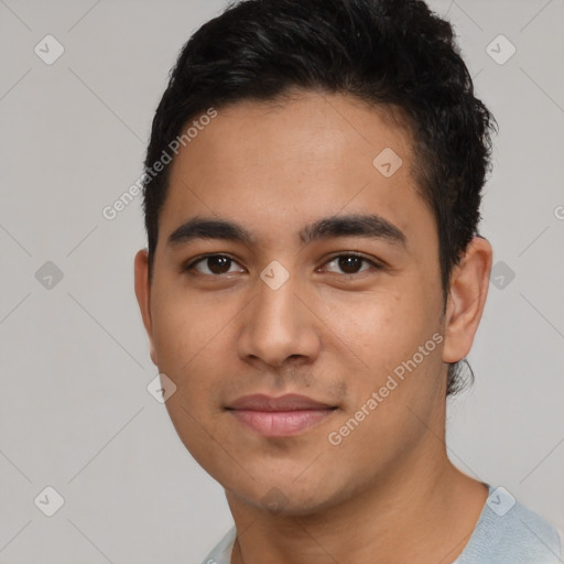 Neutral latino young-adult male with short  black hair and brown eyes