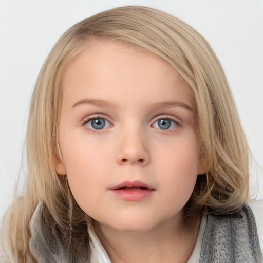 Neutral white child female with medium  brown hair and blue eyes