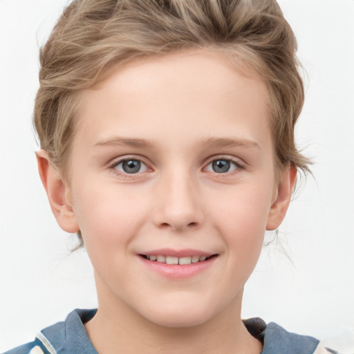 Joyful white child female with short  brown hair and grey eyes