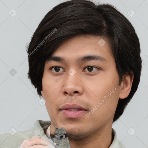 Neutral asian young-adult male with short  black hair and brown eyes