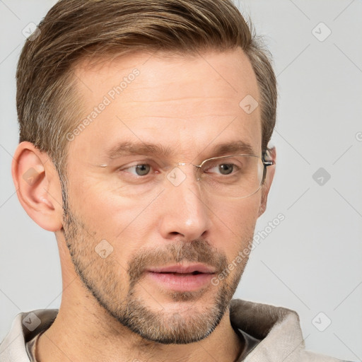 Neutral white adult male with short  brown hair and brown eyes