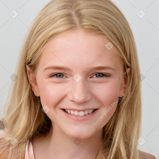 Joyful white child female with medium  brown hair and blue eyes