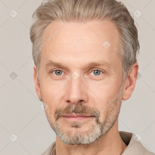 Neutral white adult male with short  brown hair and grey eyes