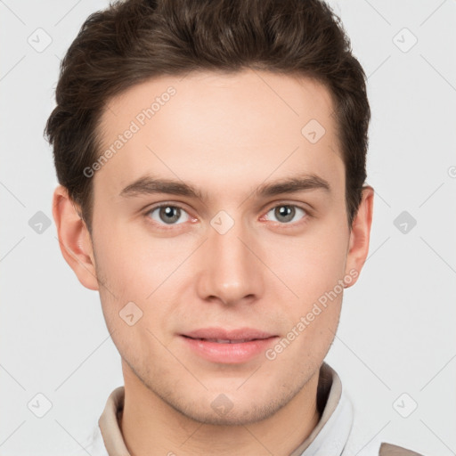 Neutral white young-adult male with short  brown hair and brown eyes