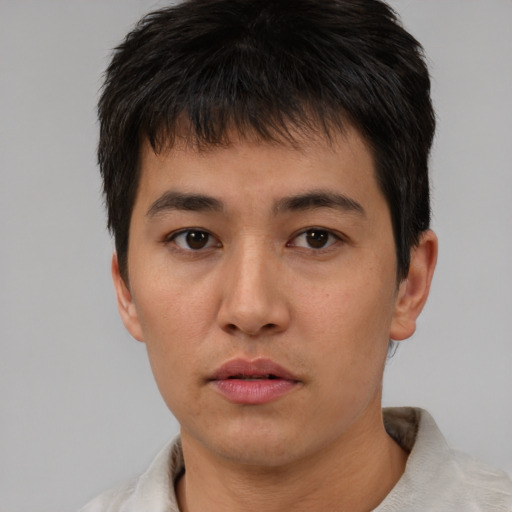 Neutral asian young-adult male with short  brown hair and brown eyes