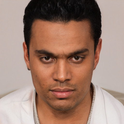 Neutral white young-adult male with short  black hair and brown eyes