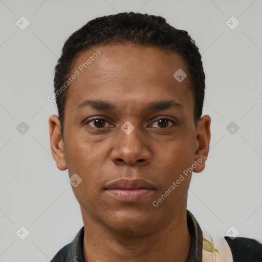 Neutral black young-adult male with short  black hair and brown eyes