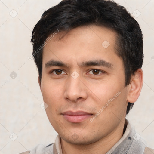 Neutral asian young-adult male with short  brown hair and brown eyes