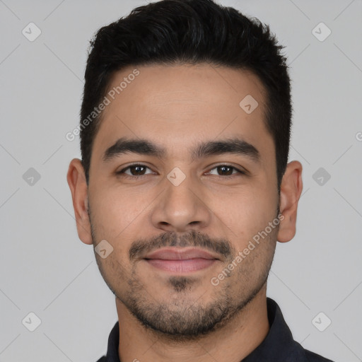 Neutral latino young-adult male with short  black hair and brown eyes