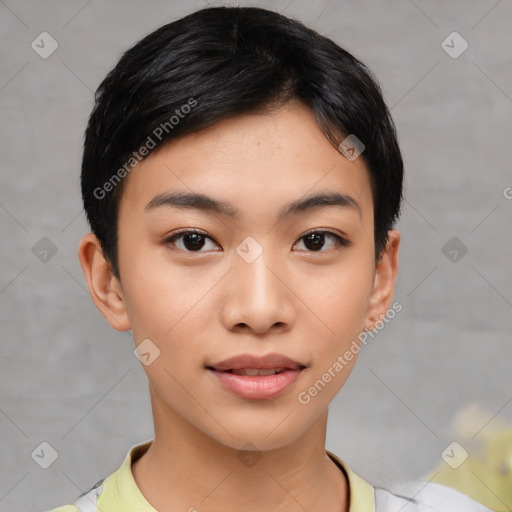 Joyful asian young-adult female with short  black hair and brown eyes