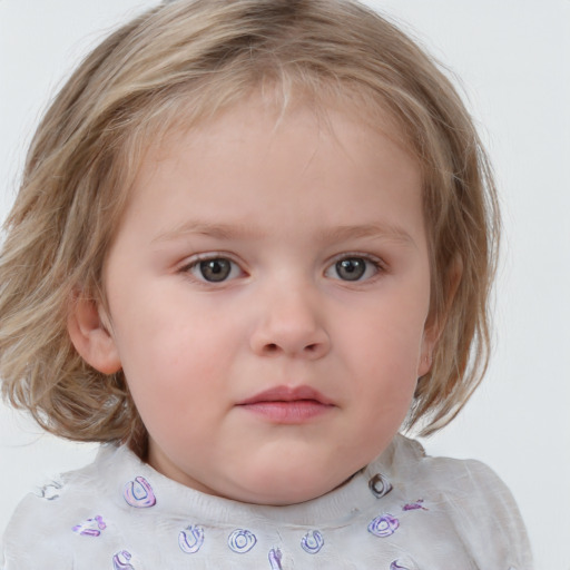 Neutral white child female with medium  brown hair and blue eyes