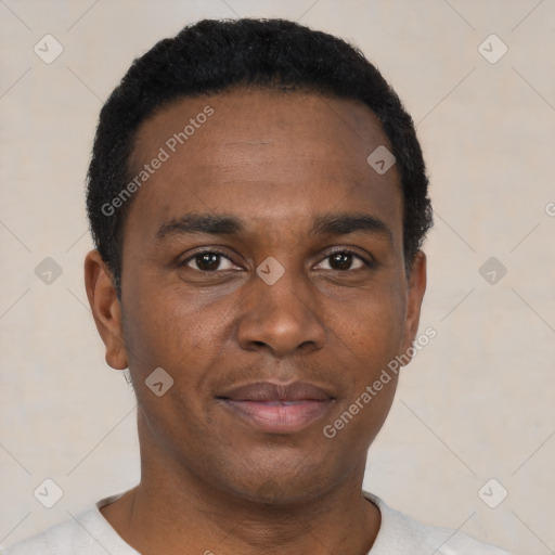 Neutral black young-adult male with short  black hair and brown eyes