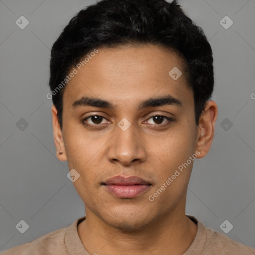 Neutral latino young-adult male with short  black hair and brown eyes