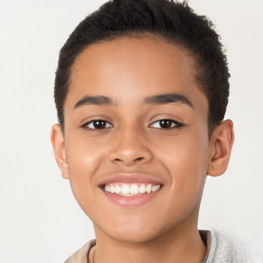 Joyful latino young-adult male with short  brown hair and brown eyes