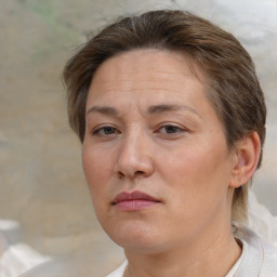 Neutral white adult female with short  brown hair and brown eyes