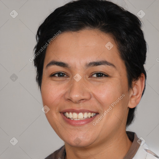 Joyful white young-adult female with medium  brown hair and brown eyes