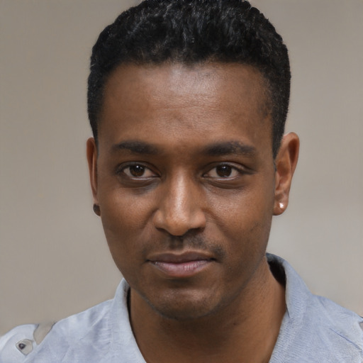 Neutral black young-adult male with short  black hair and brown eyes