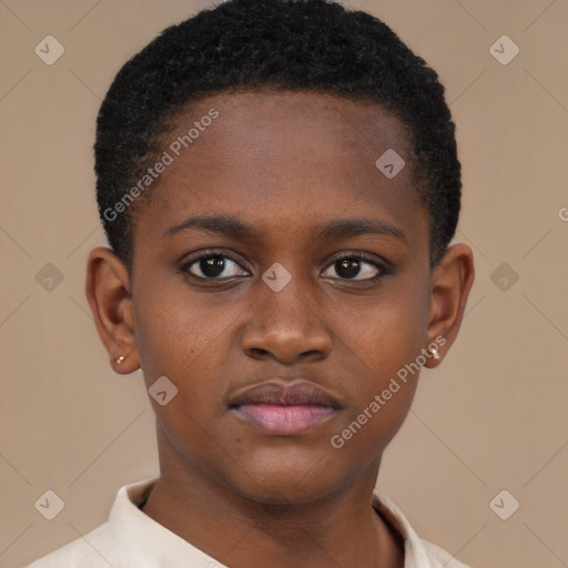 Neutral black young-adult female with short  brown hair and brown eyes