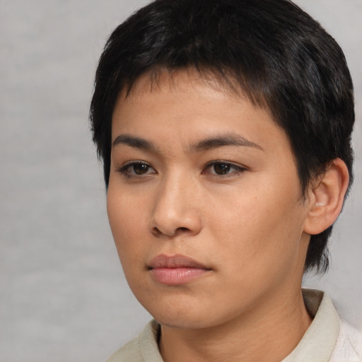 Neutral asian young-adult female with short  brown hair and brown eyes