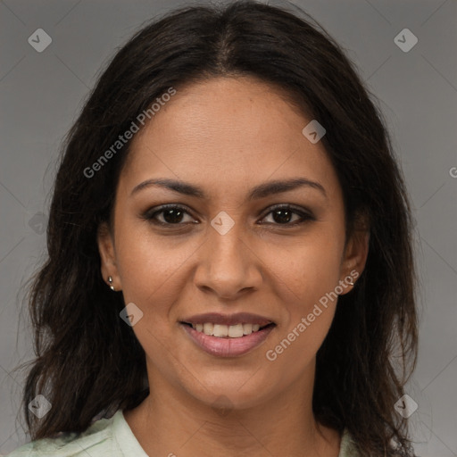 Joyful latino young-adult female with medium  brown hair and brown eyes