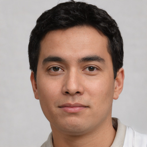 Neutral white young-adult male with short  black hair and brown eyes