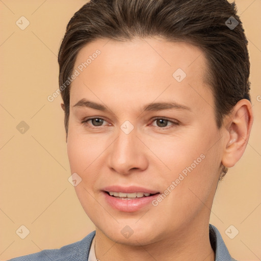 Joyful white young-adult female with short  brown hair and brown eyes