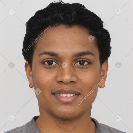 Joyful black young-adult female with short  black hair and brown eyes