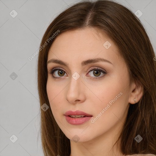 Neutral white young-adult female with long  brown hair and brown eyes