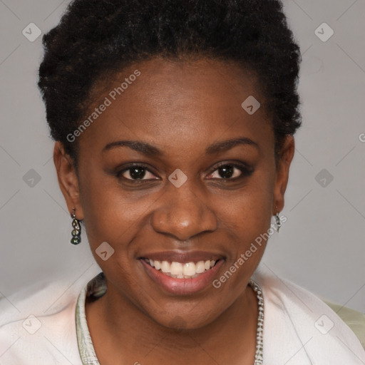 Joyful black young-adult female with short  brown hair and brown eyes