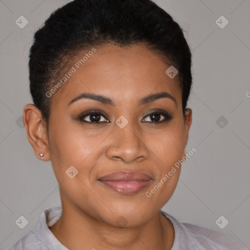 Joyful latino young-adult female with short  brown hair and brown eyes