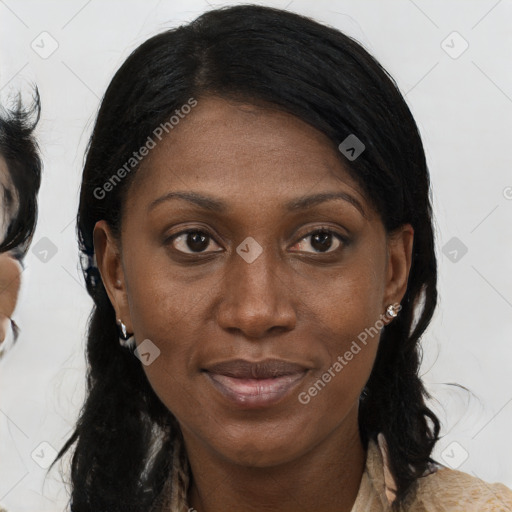 Joyful black young-adult female with medium  brown hair and brown eyes