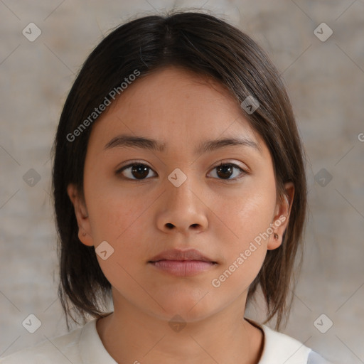 Neutral white young-adult female with medium  brown hair and brown eyes