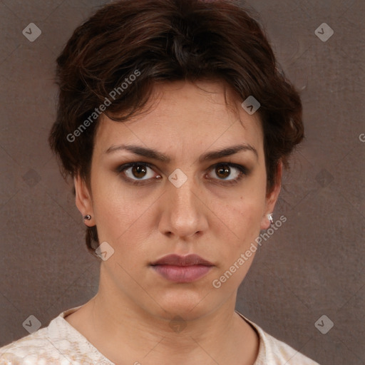 Neutral white young-adult female with short  brown hair and brown eyes