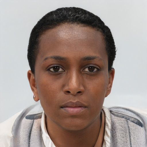 Neutral black young-adult female with short  black hair and brown eyes