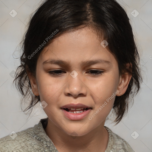 Joyful white child female with medium  brown hair and brown eyes