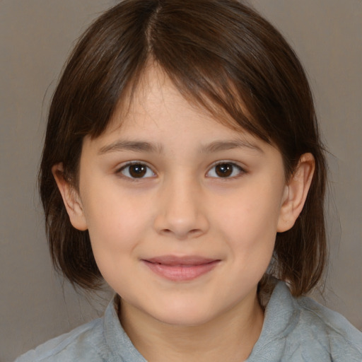 Joyful white child female with medium  brown hair and brown eyes