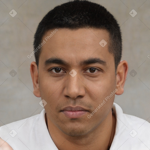 Neutral latino young-adult male with short  black hair and brown eyes