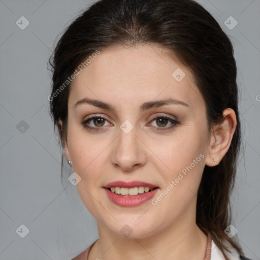 Joyful white young-adult female with medium  brown hair and grey eyes