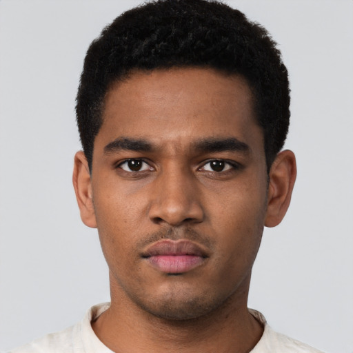 Neutral black young-adult male with short  black hair and brown eyes